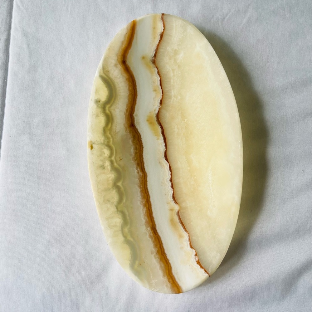 Vintage Carved Onyx Stone Soap Dish Oval Trinket Dish 8.5” long cream/ tan vein